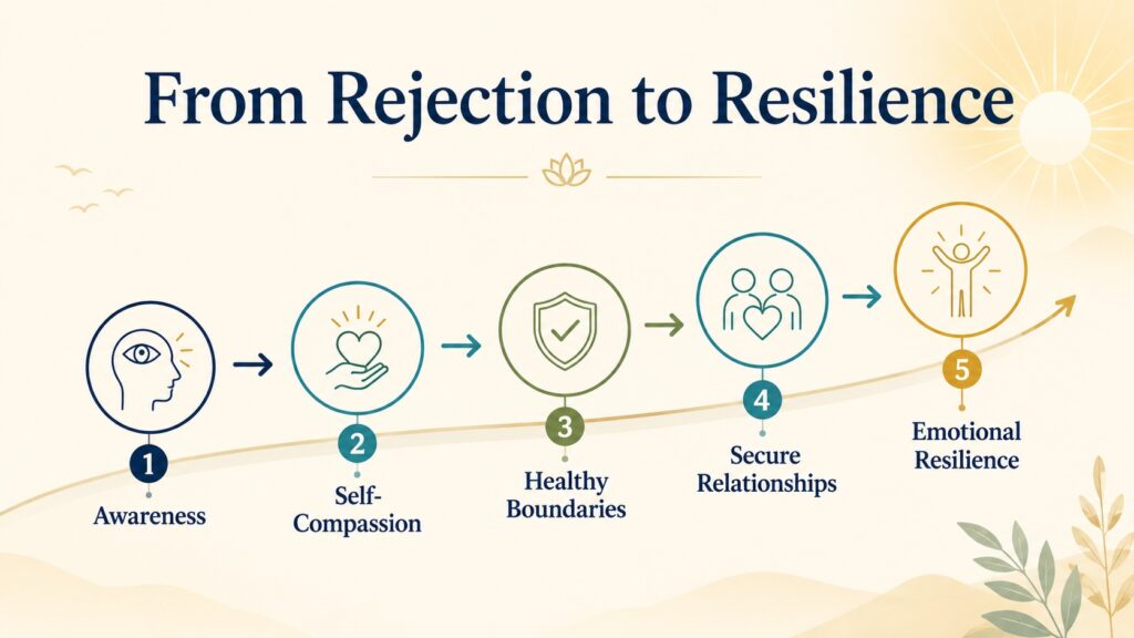 From Rejection to Resilience infographic shows five stages: Awareness, Self-Compassion, Healthy Boundaries, Secure Relationships, and Emotional Resilience.