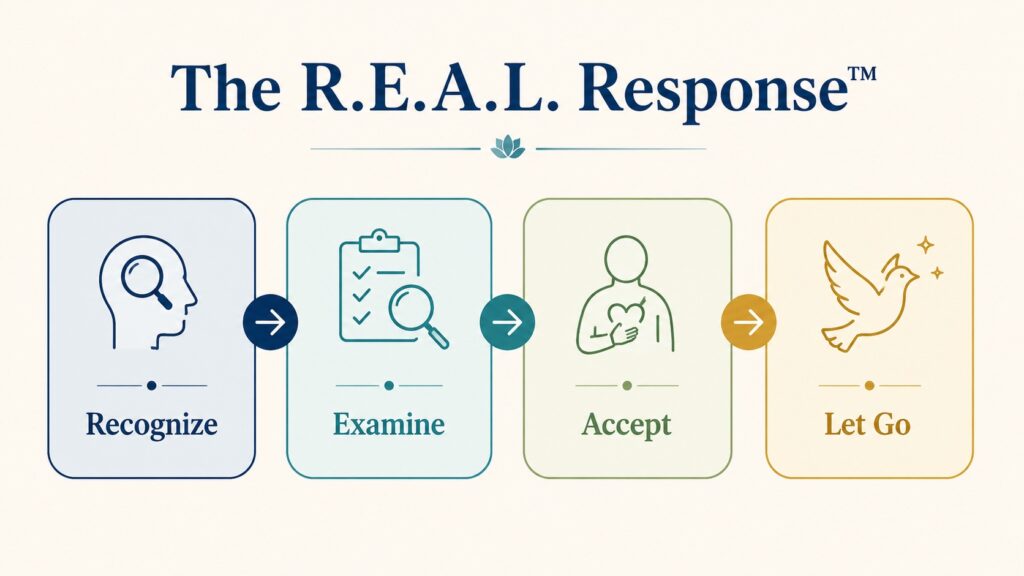 Why being ignored hurts: The R.E.A.L. Response™ infographic illustrating four emotional resilience steps: Recognize, Examine, Accept, and Let Go.