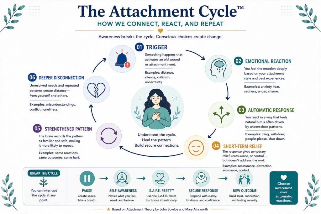 Infographic illustrating the emotional attachment cycle, showing how triggers, emotional reactions, automatic responses, temporary relief, and repeated patterns reinforce attachment behaviors.