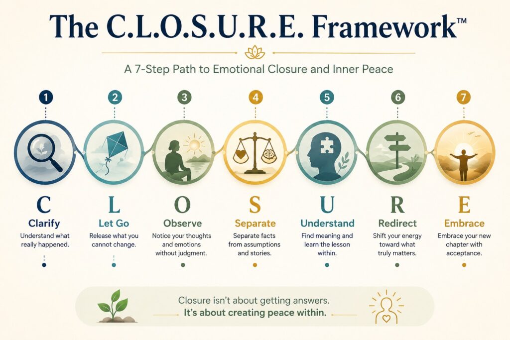 The Psychology of Closure: The C.L.O.S.U.R.E. Framework infographic showing a seven-step psychology-based path to emotional closure, acceptance, and inner peace.
