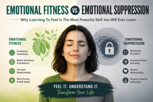Emotional Fitness vs Emotional Suppression illustration showing the benefits of understanding emotions over suppressing them.