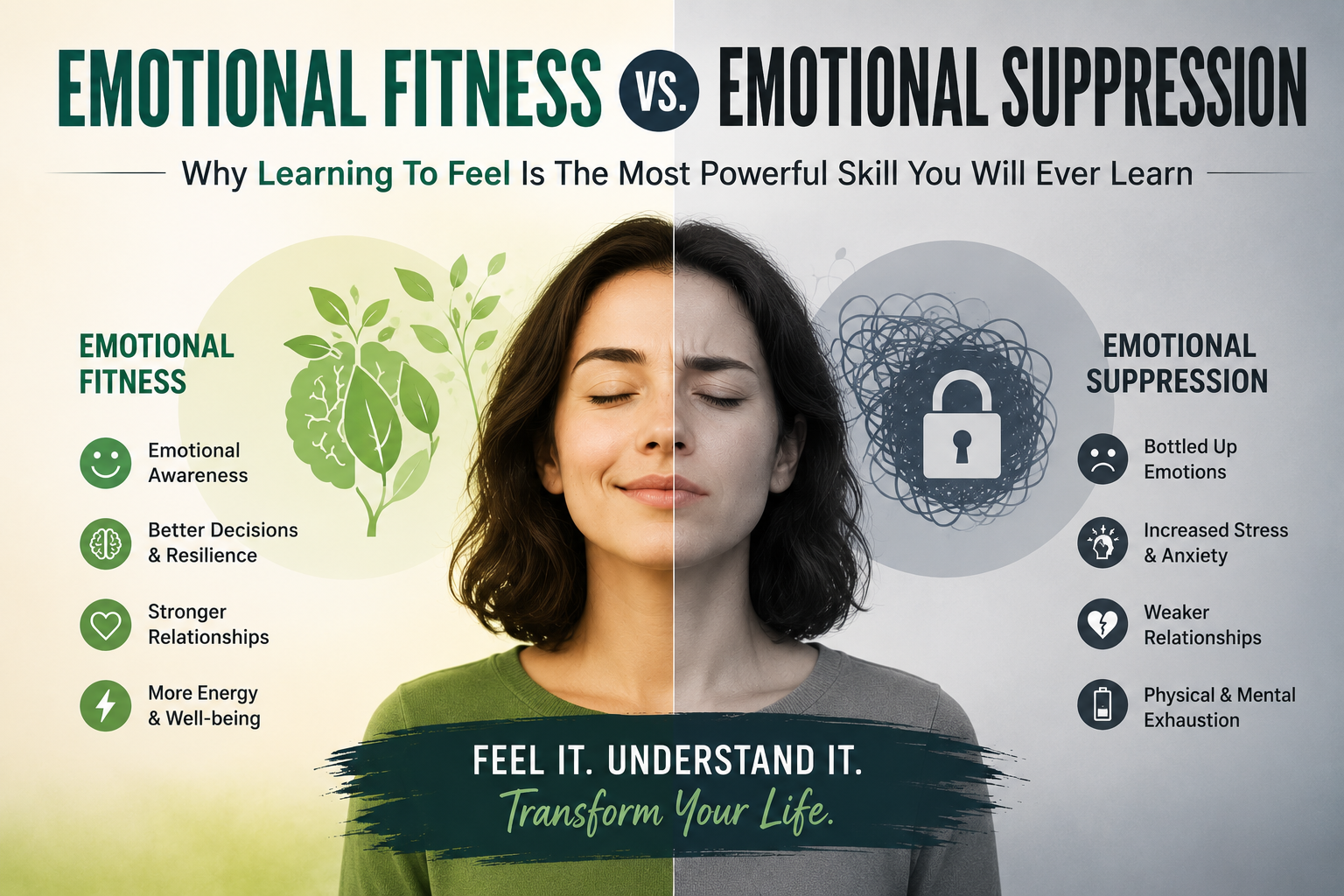 Emotional Fitness vs Emotional Suppression illustration showing the benefits of understanding emotions over suppressing them.