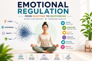 Emotional regulation guide showing the journey from reacting to responding through emotional fitness techniques