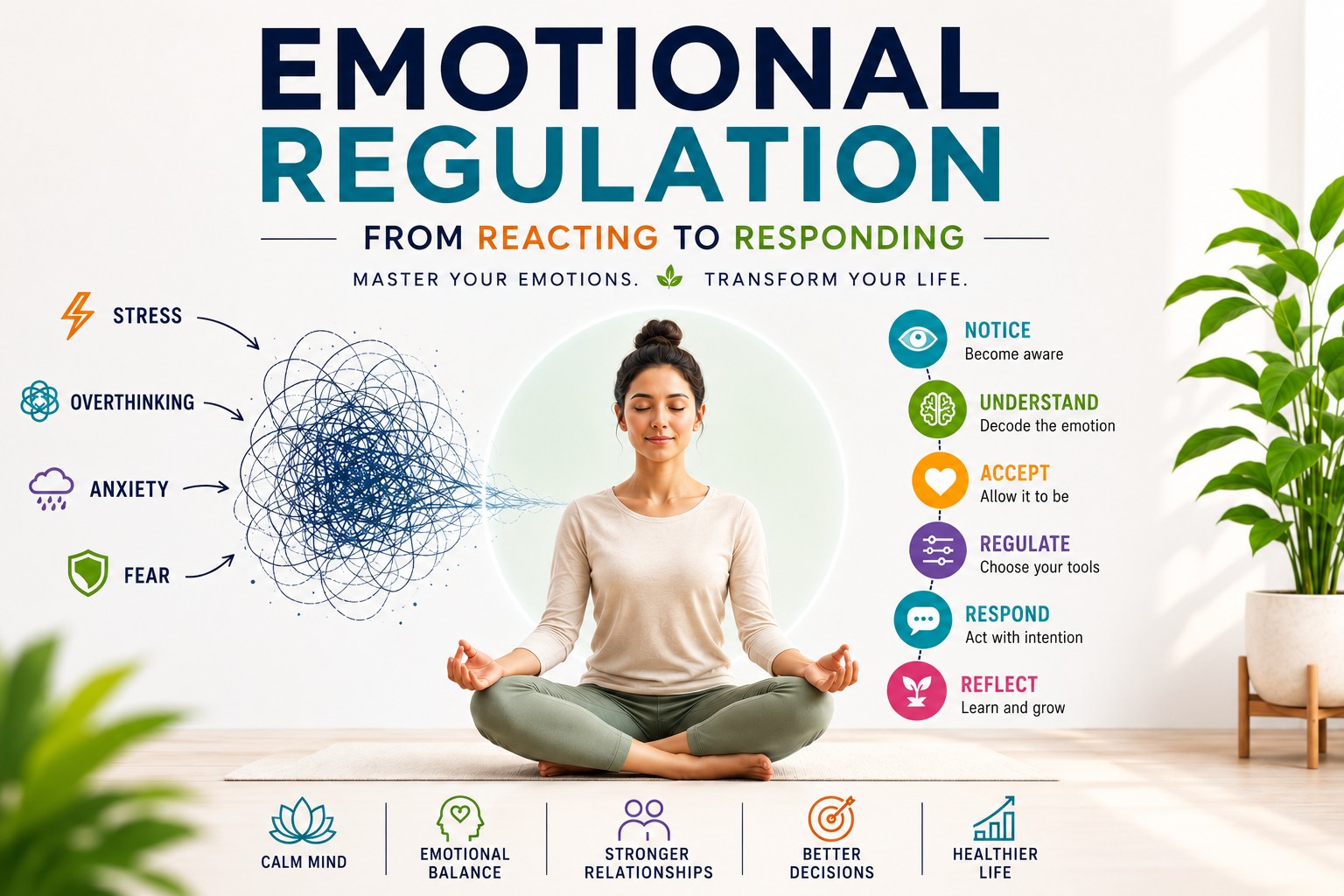 Emotional regulation guide showing the journey from reacting to responding through emotional fitness techniques