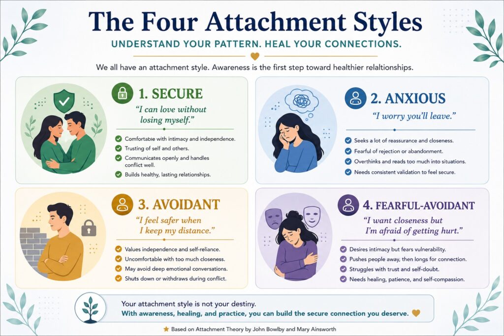 Infographic comparing the four attachment styles—secure, anxious, avoidant, and fearful-avoidant—and their common emotional patterns in relationships.