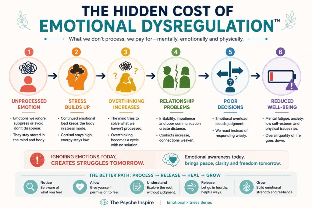 Infographic showing the hidden cost of emotional dysregulation, illustrating how unprocessed emotions can lead to stress, overthinking, relationship problems, poor decisions, and reduced well-being