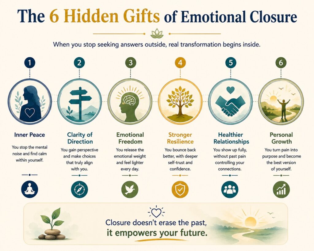 Infographic showing six psychological benefits of emotional closure, including inner peace, emotional freedom, resilience, healthier relationships, and personal growth.
