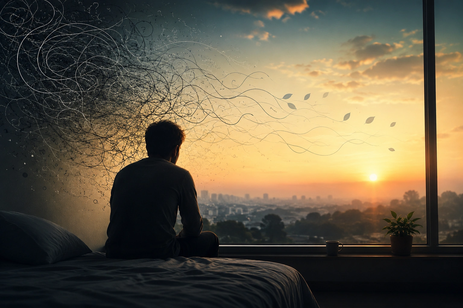 Psychology of Overthinking: Person sitting quietly before sunrise surrounded by symbolic thought patterns representing overthinking and emotional healing.