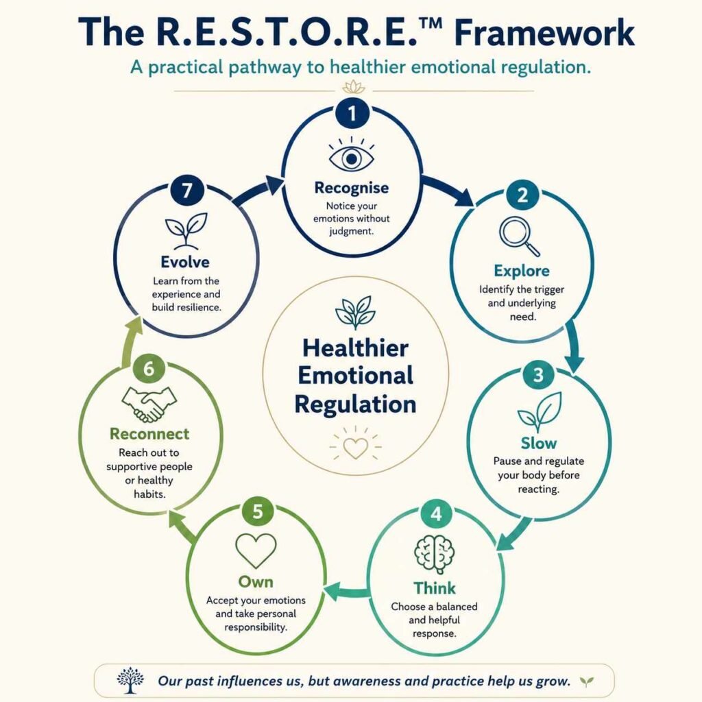 How Childhood Shapes Emotional Regulation infographic featuring the R.E.S.T.O.R.E.™ Framework, a practical seven-step pathway for developing healthier emotional regulation, resilience, and emotional awareness throughout life.