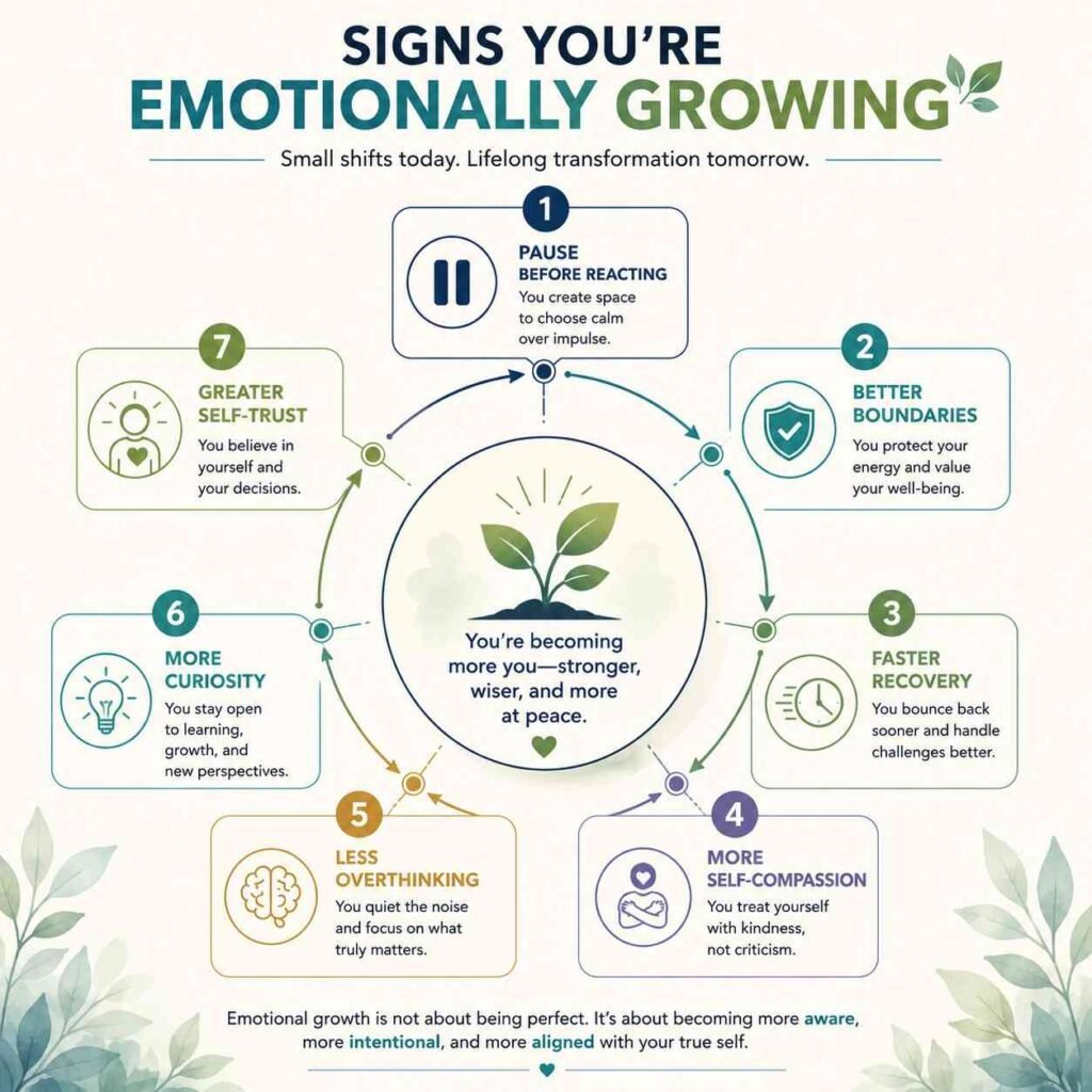 How Childhood Shapes Emotional Regulation: An infographic showing the signs of emotional growth, including pausing before reacting, setting healthy boundaries, recovering faster, practicing self-compassion, reducing overthinking, staying curious, and building greater self-trust.