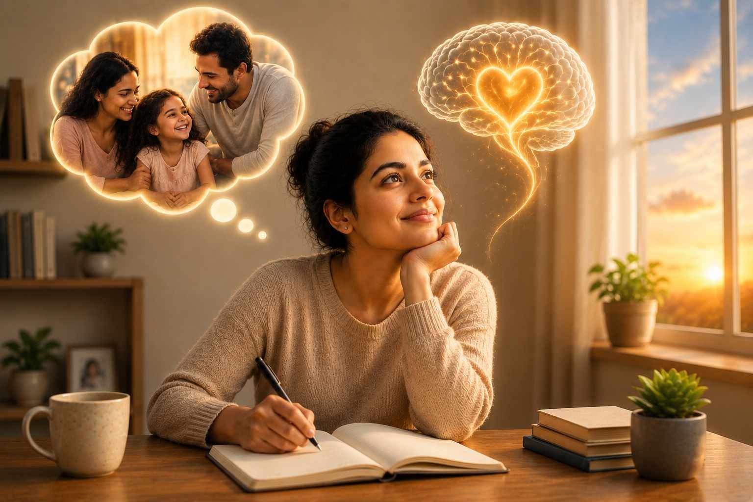 Adult reflecting on childhood nurturing, symbolizing how childhood shapes emotional regulation and lifelong emotional healing through positive brain development.