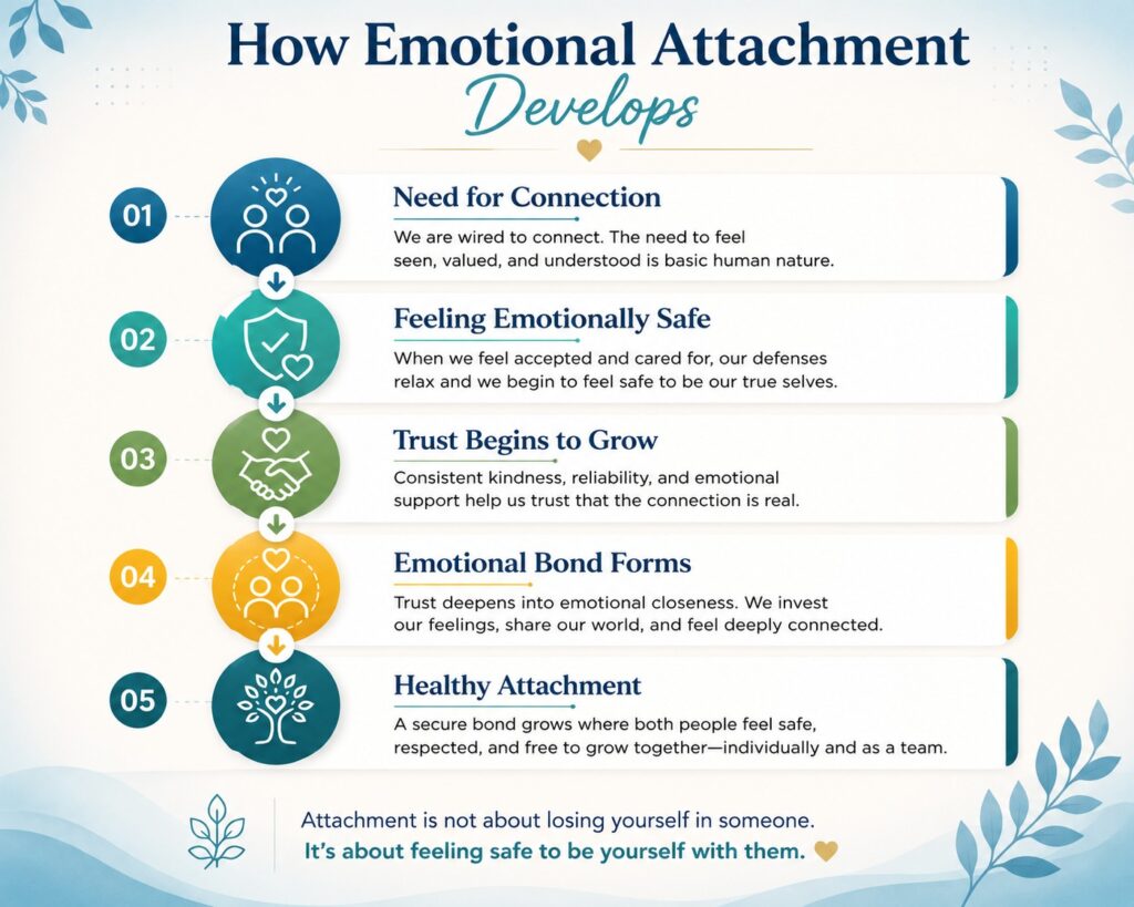 Infographic showing how emotional attachment develops through connection, emotional safety, trust, emotional bonding, and healthy attachment.