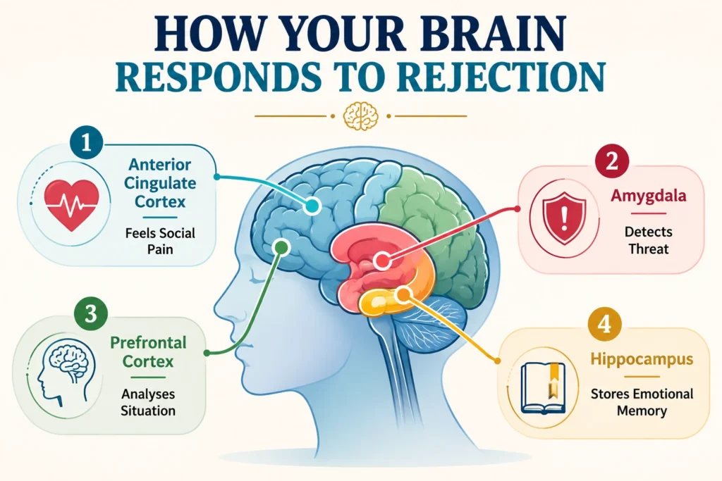 Infographic showing how the brain responds to rejection through the anterior cingulate cortex, amygdala, prefrontal cortex, and hippocampus.