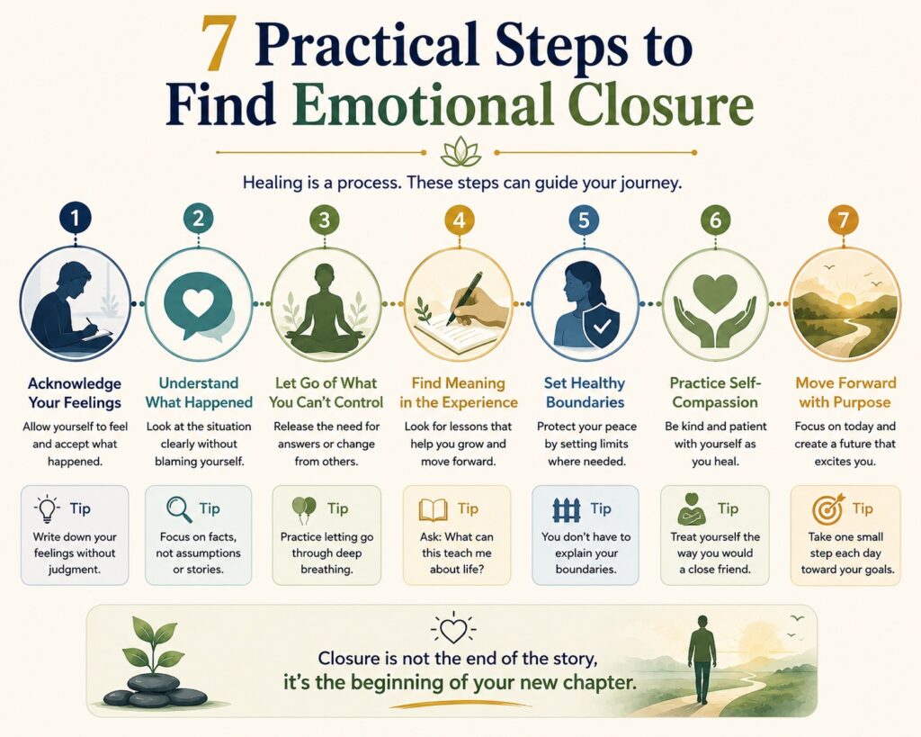 Infographic outlining seven practical psychology-based steps to find emotional closure, including acceptance, self-compassion, healthy boundaries, and moving forward with purpose.