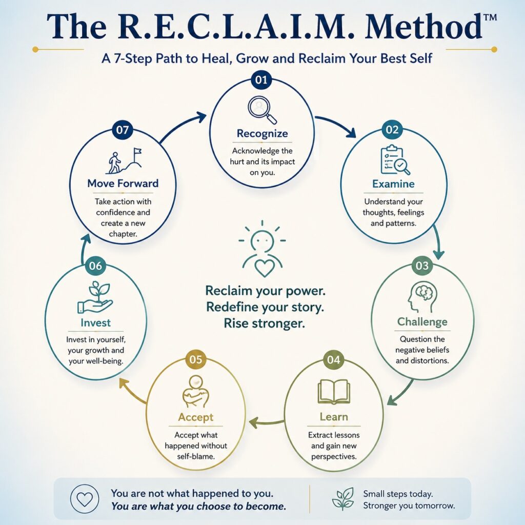 The R.E.C.L.A.I.M. Method infographic showing a seven-step psychology framework for recovering from rejection: Recognize, Examine, Challenge, Learn, Accept, Invest, and Move Forward.