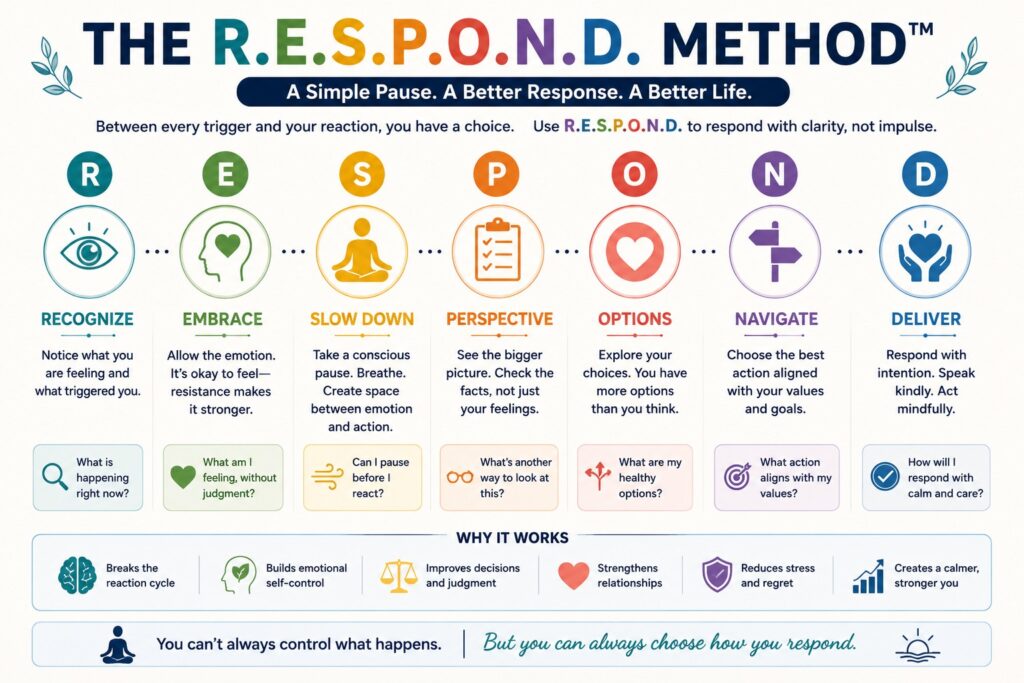 Infographic illustrating the R.E.S.P.O.N.D. Method™ for emotional regulation, showing the seven-step process from recognizing emotions to making intentional, values-based decisions.