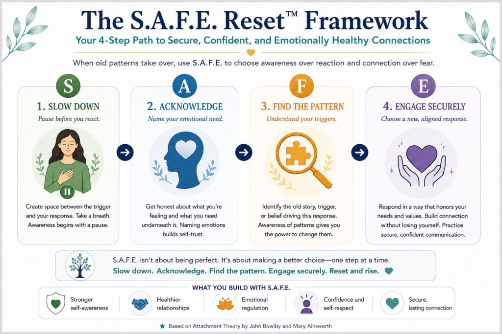 Infographic explaining the S.A.F.E. Reset™ Framework for building secure emotional attachment through slowing down, acknowledging emotions, finding patterns, and engaging securely.