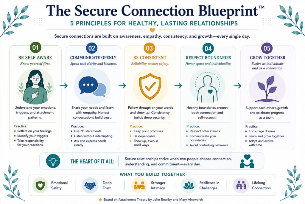 Infographic presenting the Secure Connection Blueprint™, highlighting five principles for building emotionally healthy, secure, and lasting relationships.