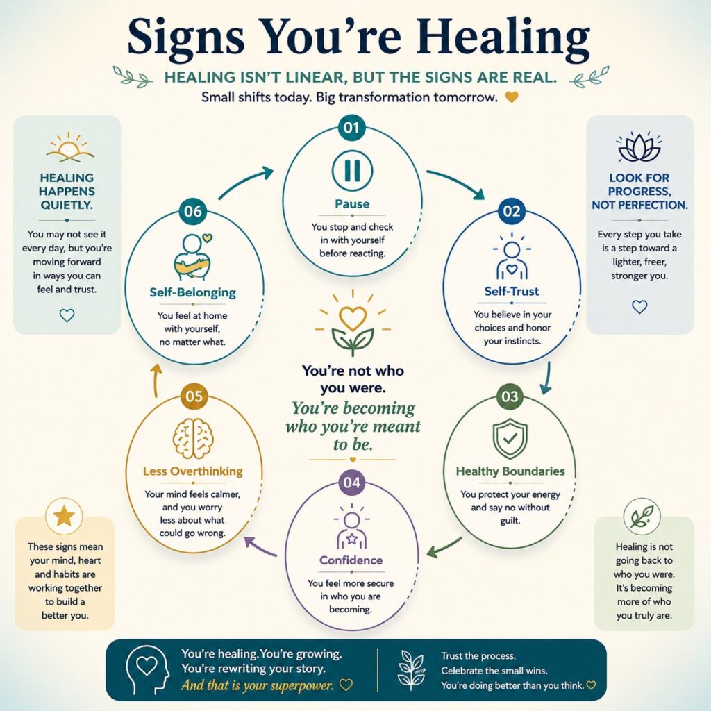 Infographic illustrating six signs of emotional healing: Pause, Self-Trust, Healthy Boundaries, Confidence, Less Overthinking, and Self-Belonging in a circular growth framework.