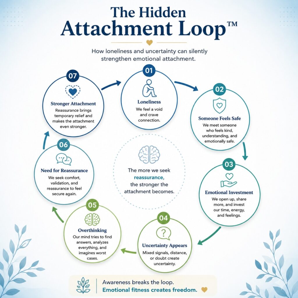 Circular infographic illustrating the hidden emotional attachment loop, showing how loneliness, emotional safety, uncertainty, overthinking, and reassurance strengthen emotional attachment.