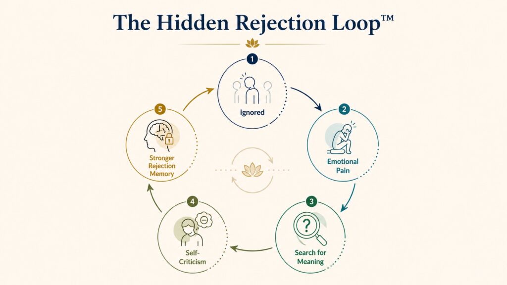 Circular psychology infographic showing the hidden rejection loop from being ignored to emotional pain, searching for meaning, self-criticism, and stronger rejection memories.