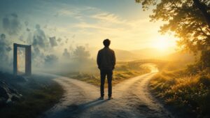 The Psychology of Closure: A reflective person standing at a sunrise crossroads, symbolising emotional healing, acceptance, and moving beyond unresolved experiences.