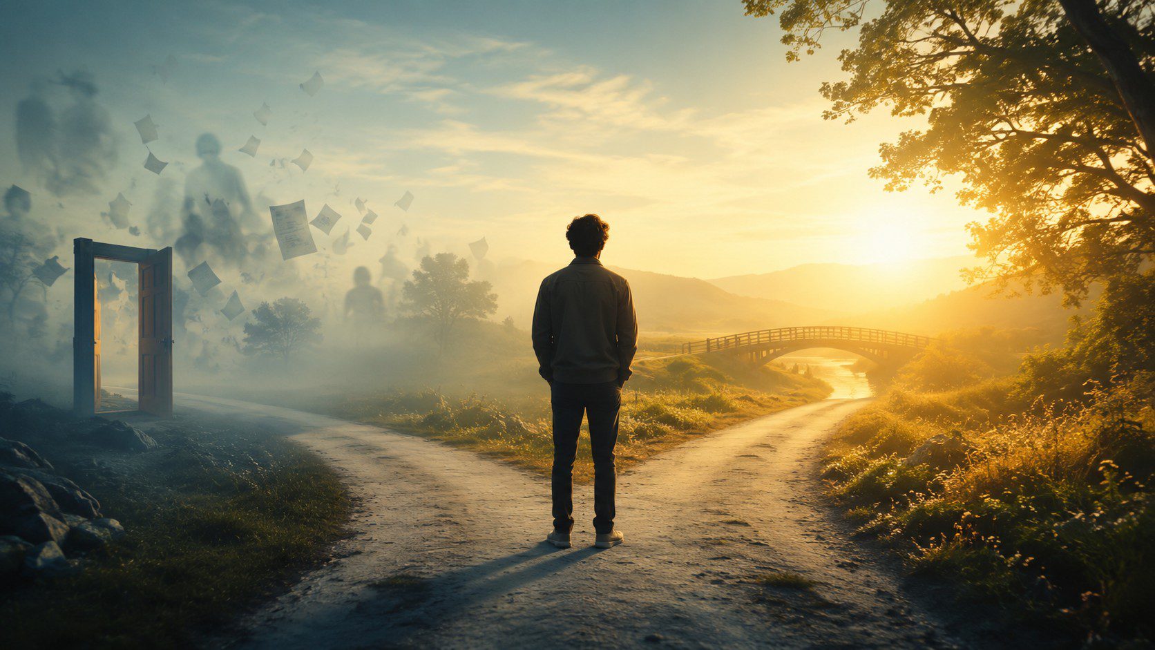 The Psychology of Closure: A reflective person standing at a sunrise crossroads, symbolising emotional healing, acceptance, and moving beyond unresolved experiences.