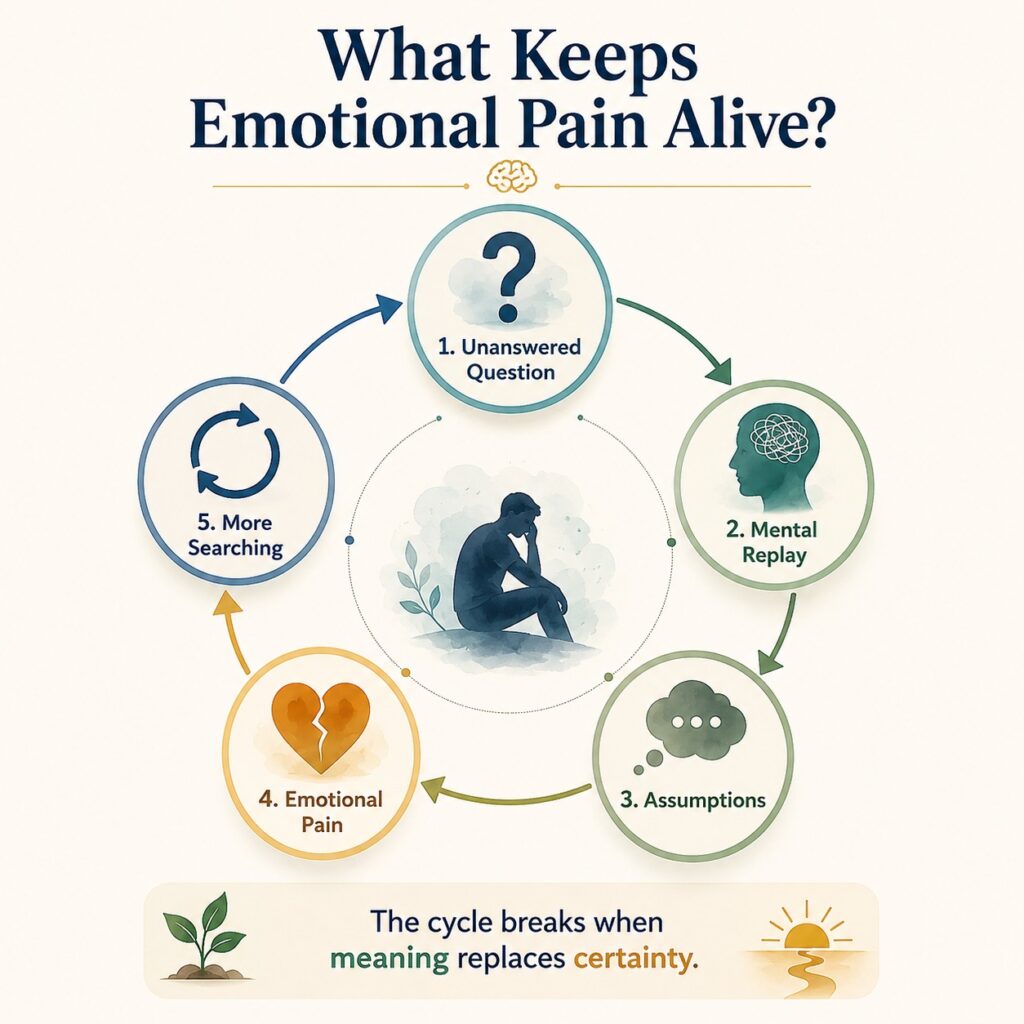 Infographic illustrating the psychological cycle that keeps emotional pain alive through unanswered questions, mental replay, assumptions, and repeated searching for certainty.