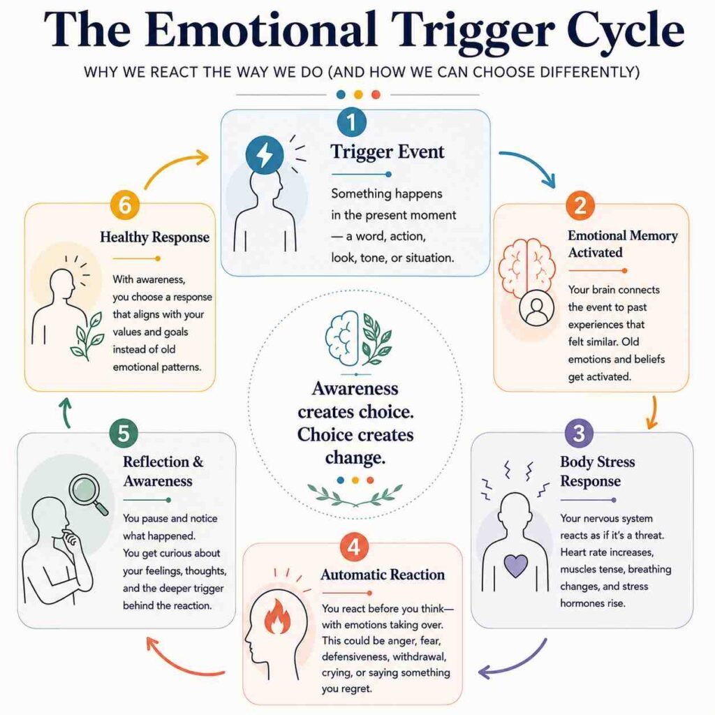 Infographic illustration of why do I get triggered so easily. The Emotional Trigger Cycle infographic explaining how emotional triggers activate memories, body stress responses, automatic reactions, reflection, and healthier emotional responses through emotional regulation.