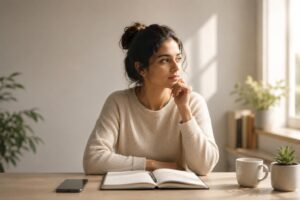 Why Do I Get Triggered So Easily? | Emotional Self-Awareness: A person pauses to reflect after an emotional trigger, illustrating the moment between emotional reaction and intentional response through self-awareness and emotional regulation.