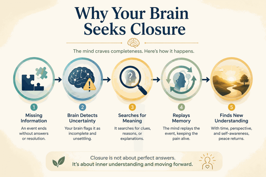 The Psychology of Closure : Infographic explaining why the brain seeks emotional closure through uncertainty, memory replay, and finding new understanding.