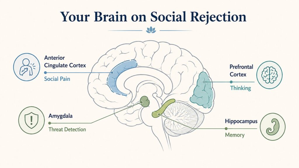 Educational infographic showing the brain regions involved in social rejection, including the anterior cingulate cortex, amygdala, prefrontal cortex, and hippocampus.