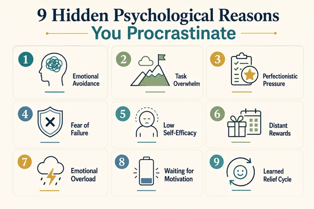 Infographic explaining why do I procrastinate through 9 psychological reasons, including emotional avoidance, perfectionism, fear of failure, overwhelm, and low self-efficacy.