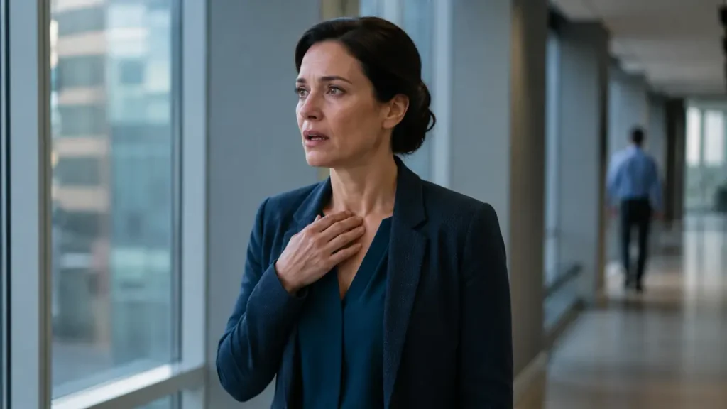 A woman experiencing angry tears after struggling to find words during a tense workplace conversation; an illustration for 'Why do I cry when I am angry?'