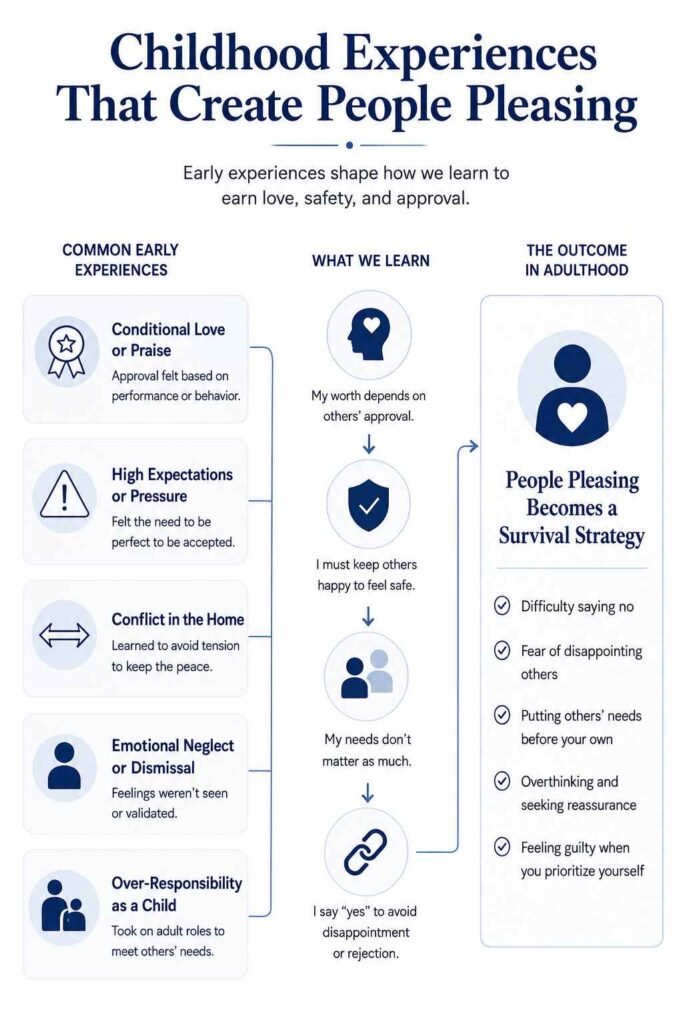 Infographic explaining how childhood experiences create people-pleasing by shaping beliefs about approval, emotional safety, and self-worth.