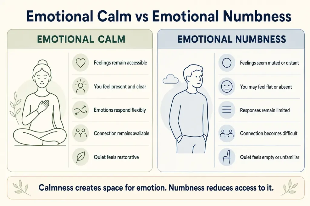 Emotional calm vs. emotional numbness comparison showing differences in emotional access, presence, connection, and responsiveness to understand why do I feel emotionally numb?