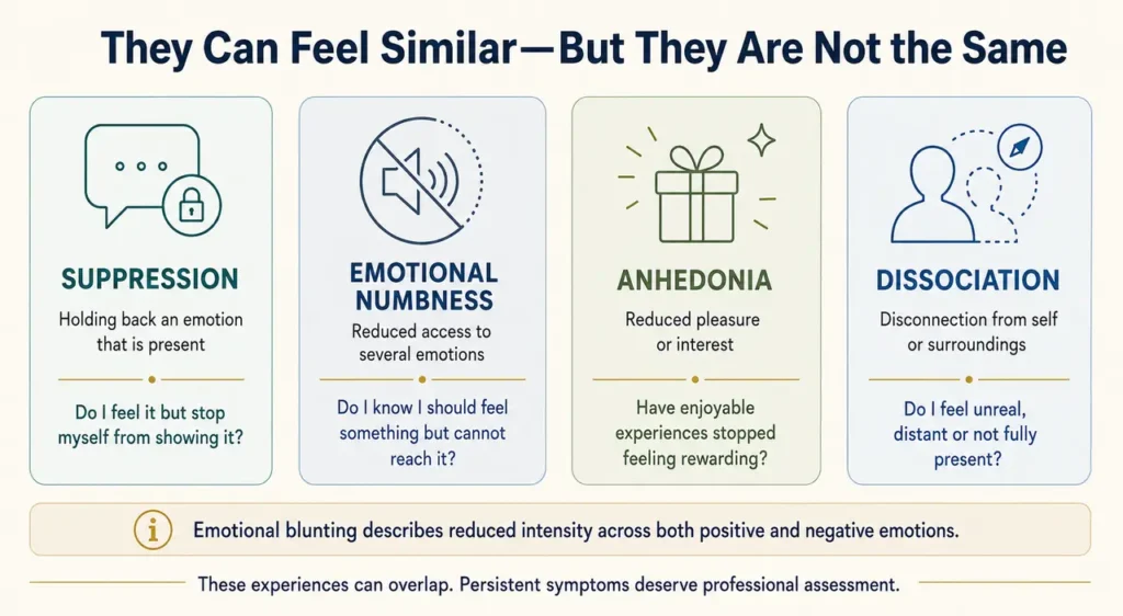 Emotional numbness compared with suppression, anhedonia and dissociation, showing how each psychological experience differs. And to understand why do I feel emotionally numb?
