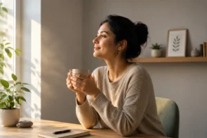 A calm person sitting by a sunlit window, peacefully reflecting in a safe environment, representing emotional safety, nervous system regulation, and psychological well-being.