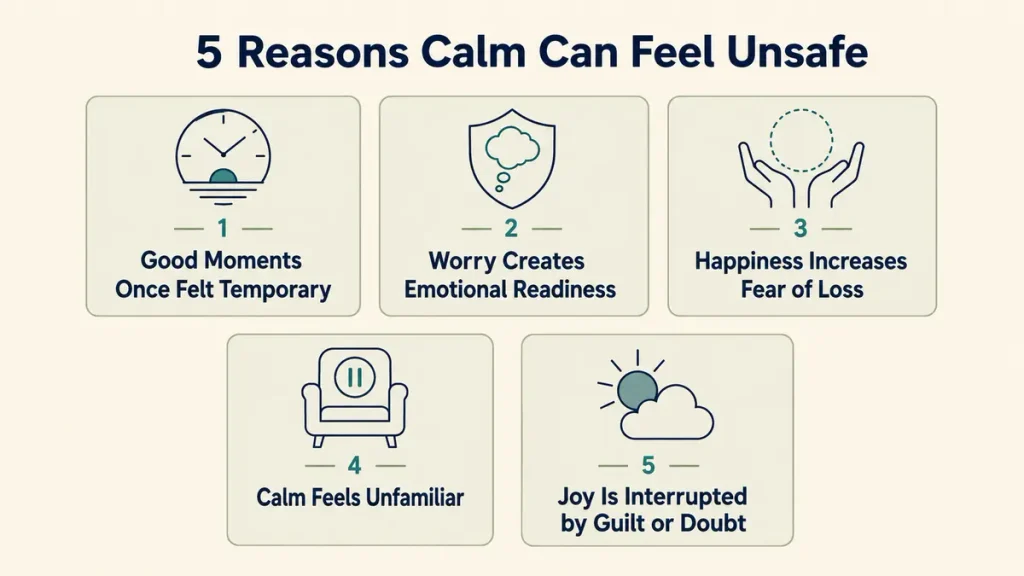 Infographic explaining five psychology reasons behind the question, “Why do I feel anxious when things are going well?”