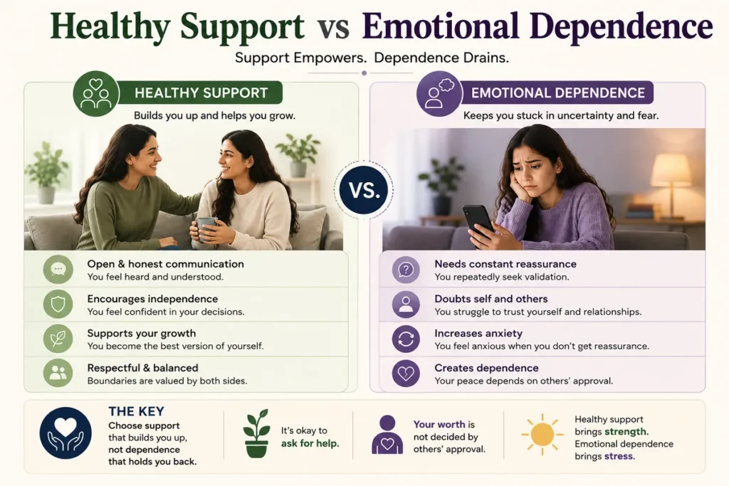 Why do I seek constant reassurance? - Healthy support vs emotional dependence infographic showing how reassurance seeking differs from supportive, confidence-building relationships.