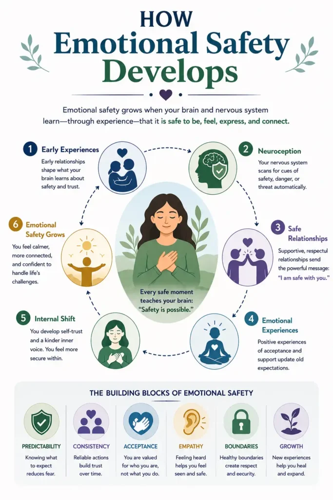 Infographic explaining how emotional safety develops through early experiences, neuroception, safe relationships, emotional learning, and healthier emotional regulation across life.