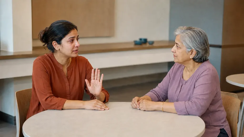 A woman taking a respectful pause to manage angry tears while remaining engaged in a difficult conversation
