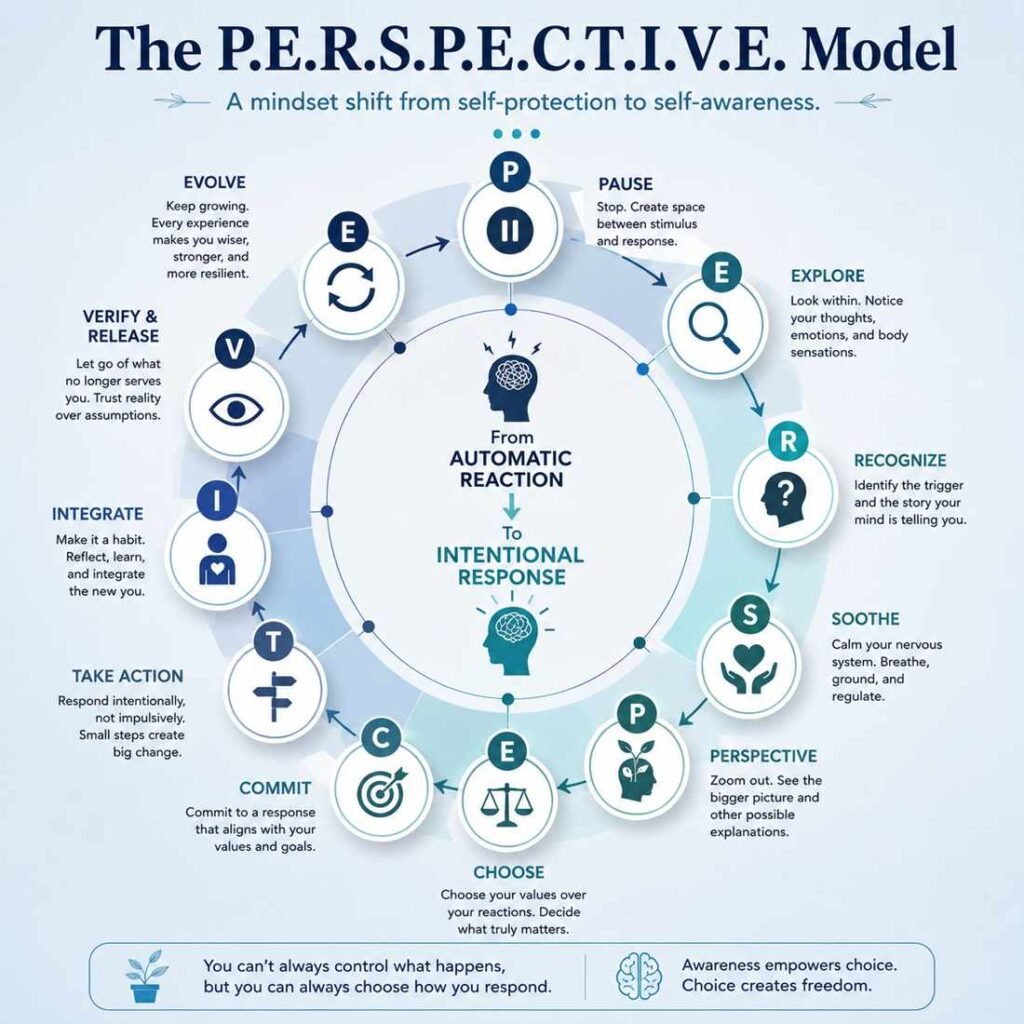 The P.E.R.S.P.E.C.T.I.V.E. Model infographic showing a circular psychology framework that helps transform automatic reactions into intentional responses.