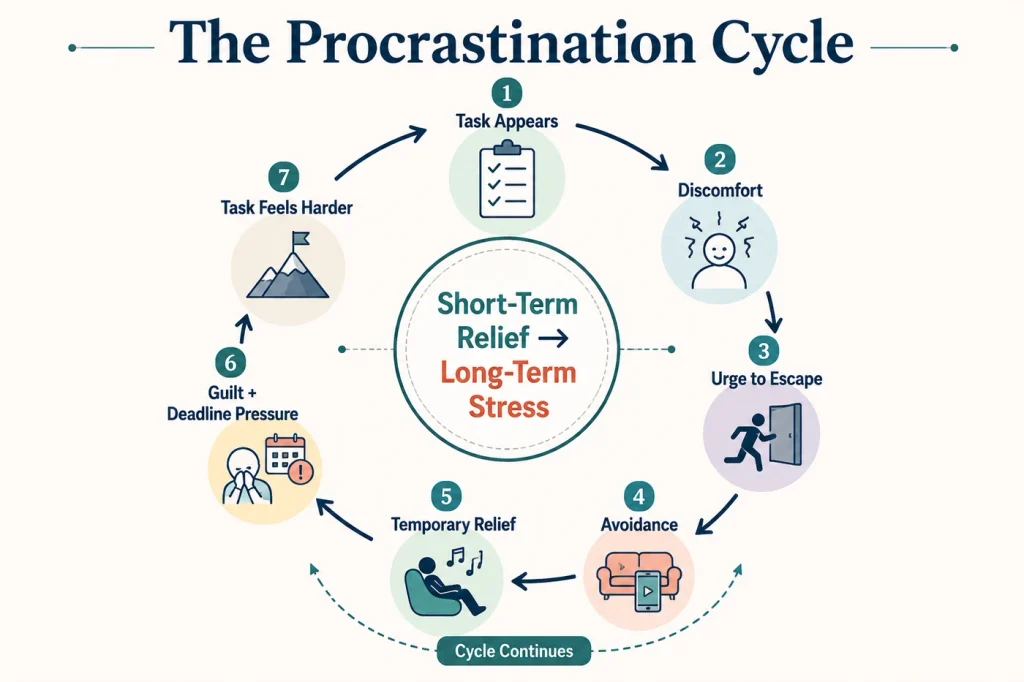 Procrastination cycle: explaining why do I procrastinate, from task discomfort and avoidance to temporary relief, deadline pressure, and increased stress.