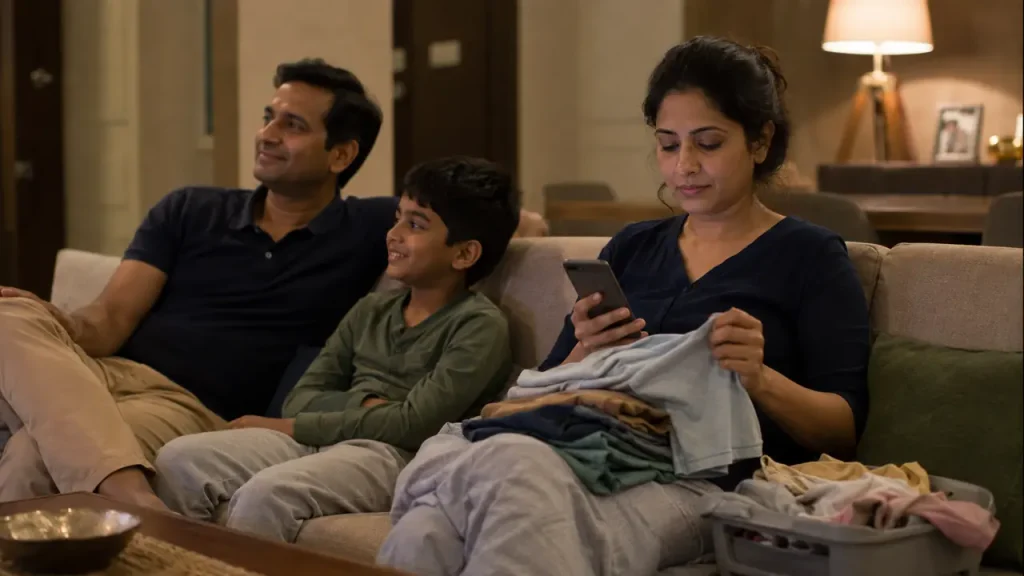 Working mother with productivity guilt, reflecting why can’t I relax during family time