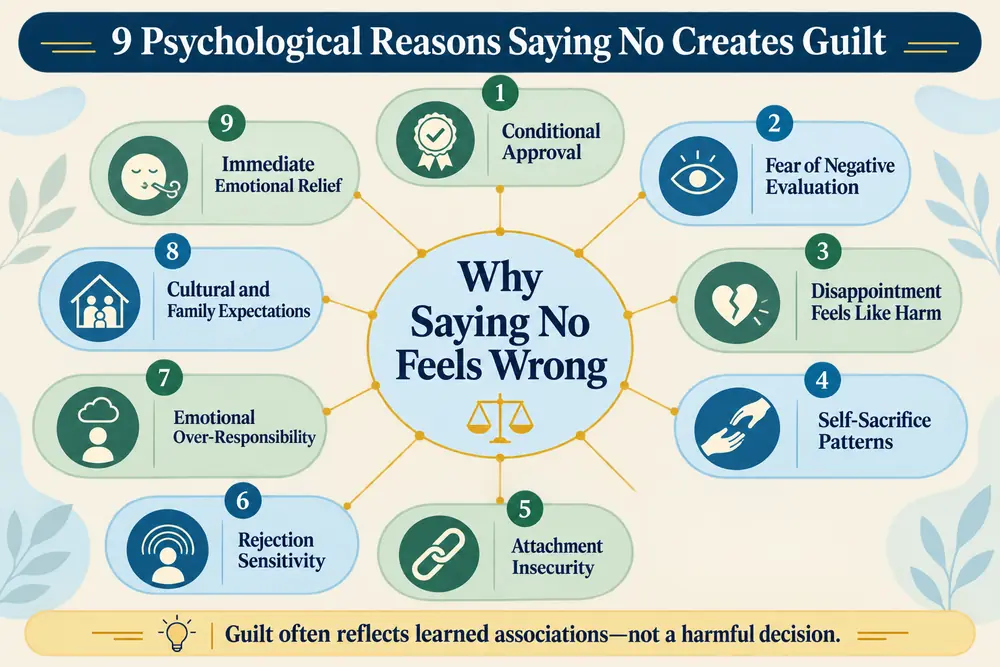 Nine psychological reasons explaining why do I feel guilty saying no, including rejection sensitivity, attachment insecurity and emotional over-responsibility.