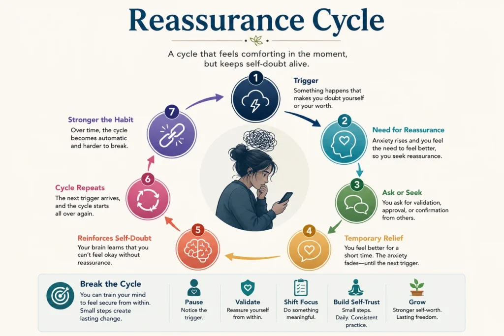 Why do I need constant reassurance? Reassurance cycle infographic showing how triggers, reassurance seeking, temporary relief, and self-doubt reinforce the need for constant reassurance.