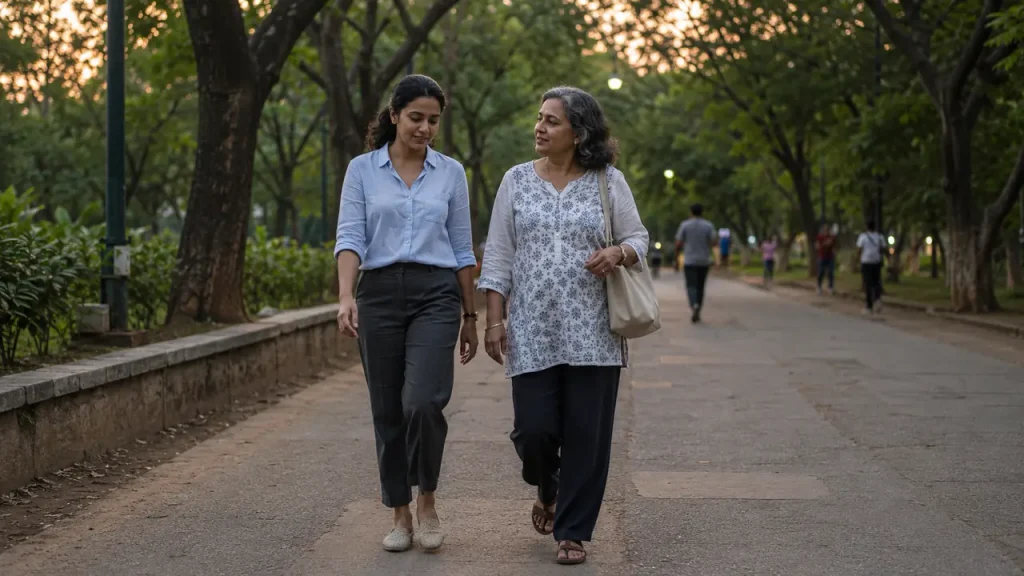 Two women taking a calm evening walk for safe connection and co-regulation