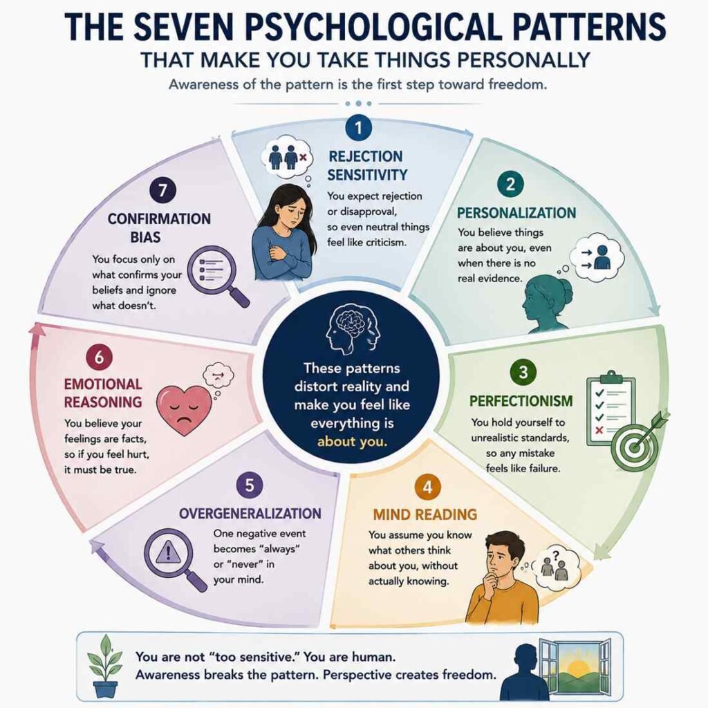 Psychology wheel infographic illustrating the seven psychological patterns that make people take things personally, including rejection sensitivity, personalization, perfectionism, mind reading, overgeneralization, emotional reasoning, and confirmation bias.