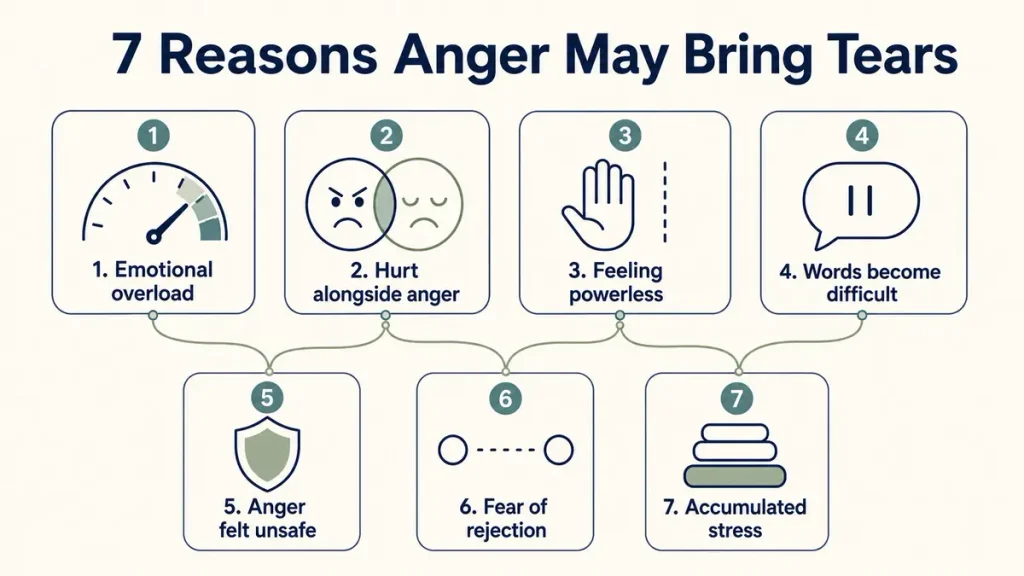 Why do I cry when I am angry? An infographic showing seven psychological reasons for crying when angry, including emotional overload, hurt, powerlessness and accumulated stress